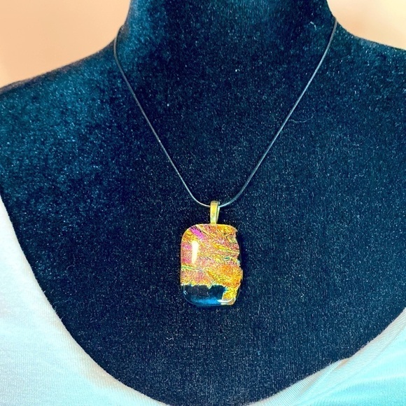 FUSED Glass Rectangular Pendant with metallic golds, pink, peach, green, black - Picture 2 of 4
